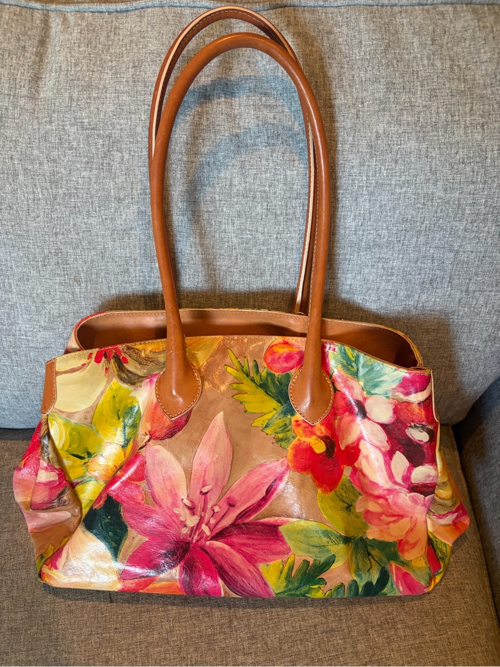 Maurizio Taiuti Floral Leather Tote in Pink, Green, Tan